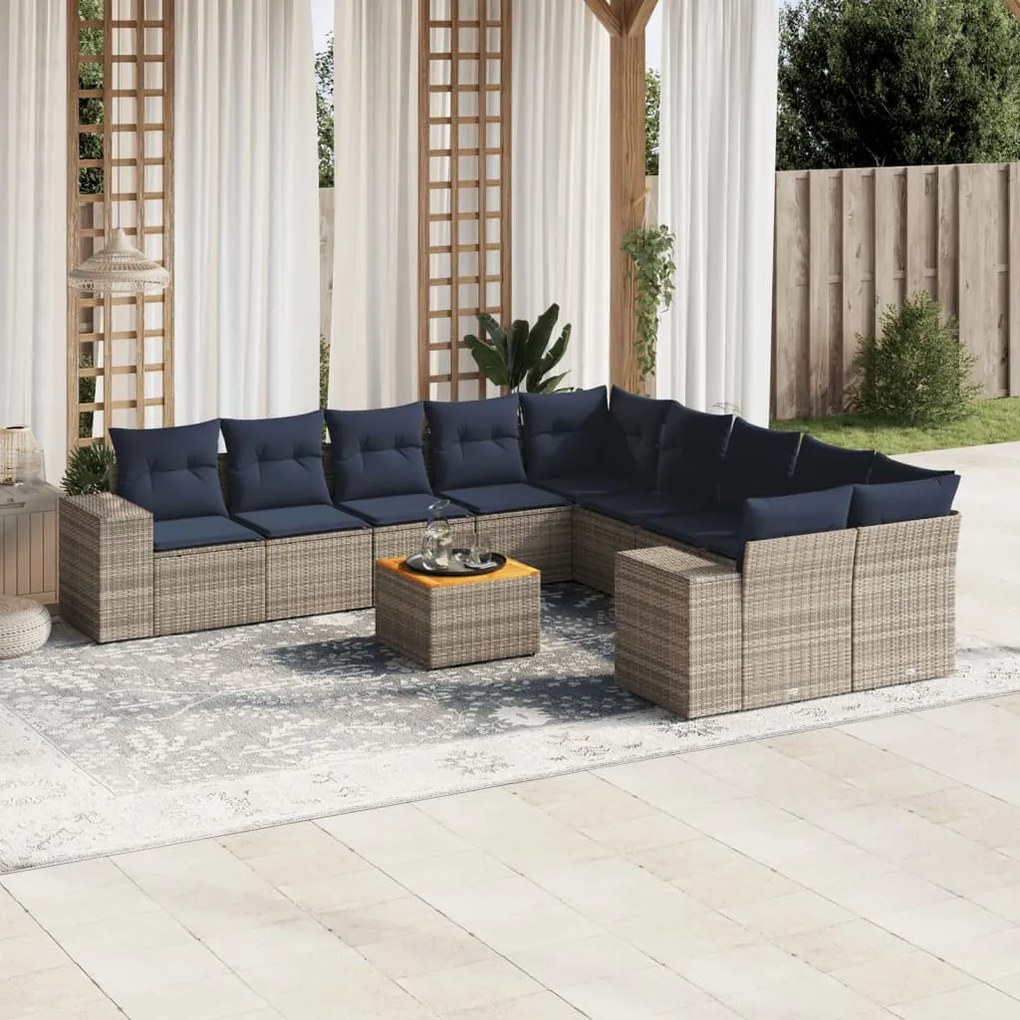 vidaXL 11 pcs conjunto sofás de jardim c/ almofadões vime PE cinzento