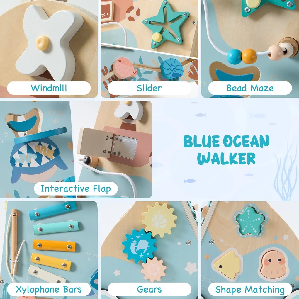 Andador de madeira para bebés 35 x 33,5 x 53,5 cm com Centro de atividades interativo Azul