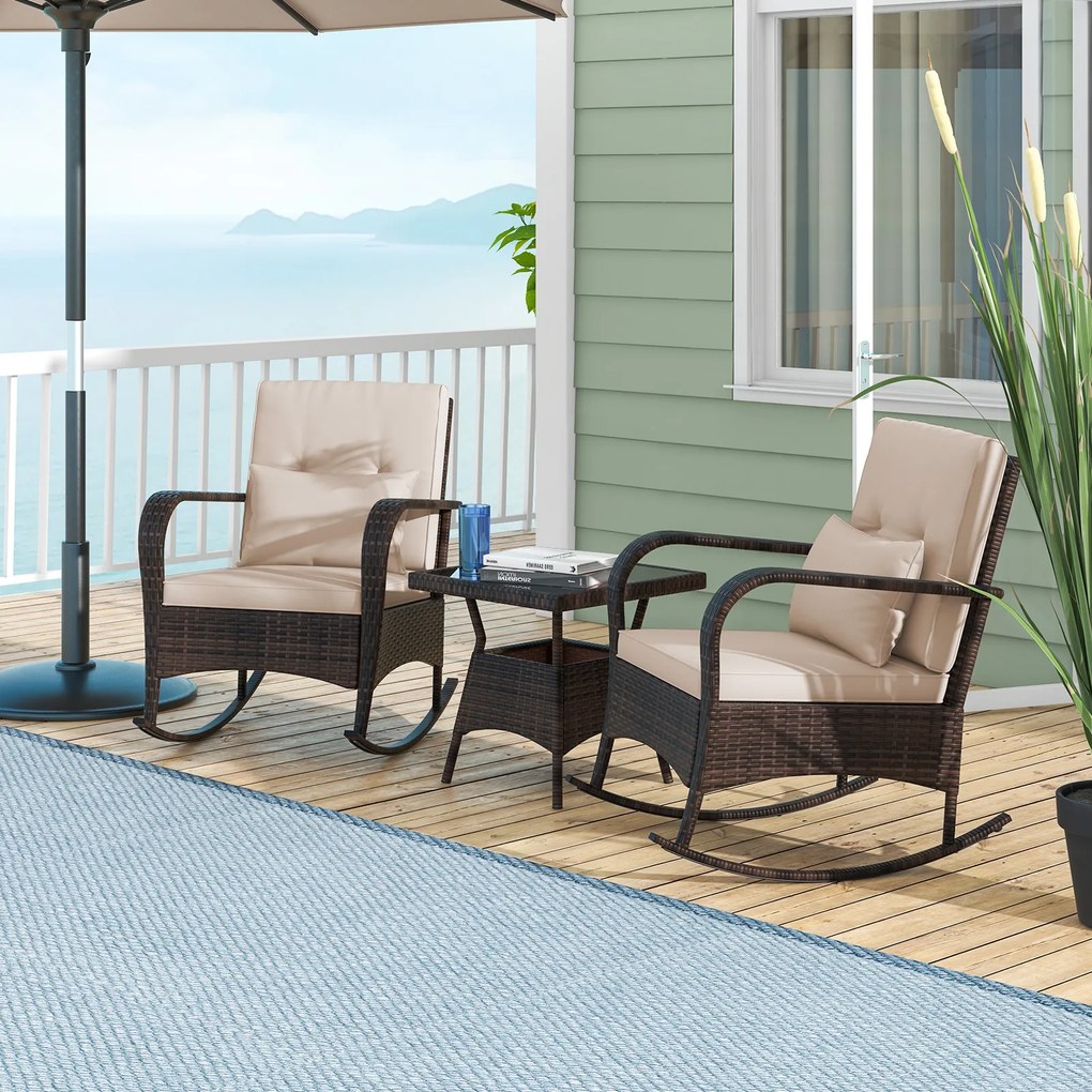 Conjunto de 2 Cadeiras de Baloiço e Mesa de Jardim, 84 x 67 x 86 cm, Estrutura em Rattan PE, Castanho