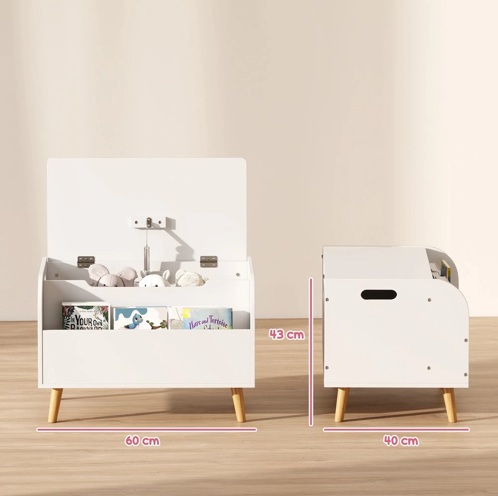 Baú para brinquedos infantis 60 x 40 x 43 cm, baú de arrumação infantil, tampa rebatível e compartimento aberto, branco