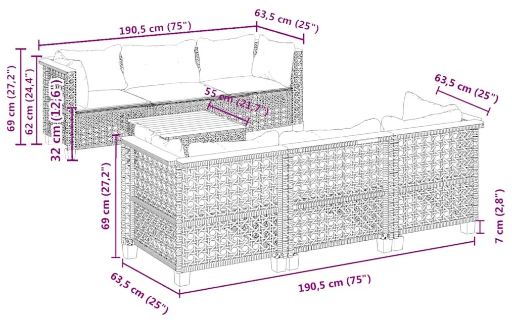 7 pcs conjunto de sofás p/ jardim com almofadões vime PE bege