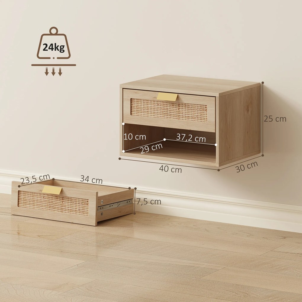 Conjunto de 2 Mesas de Cabeceira Suspensas com Gaveta de Vime Prateleira Aberta Economiza Espaço 40x30x25 cm Carvalho