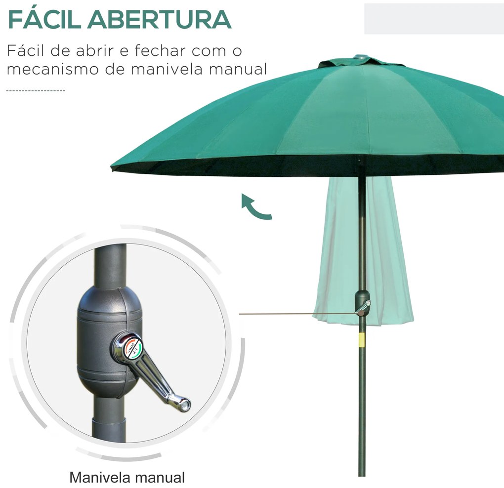 Chapéu de Sol de Jardim Ø2,5x2,4 m com Manivela Manual Mastro Flexível Impermeável e 18 Hastes para Exterior Verde