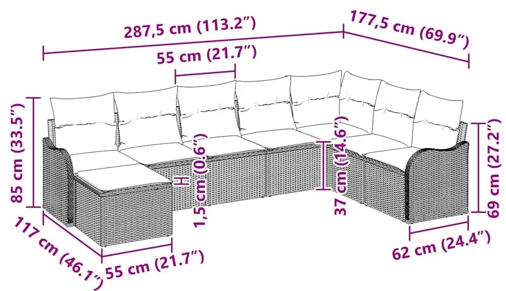 Conjunto de Sofá de Jardim 9 Peças com Almofadas em Rattan Poly Preto