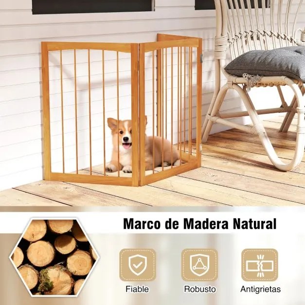 Barreira para cães Até 159 x 76 cm em madeira de abeto com rotação de 180° Barreira dobrável de 3 painéis Natural