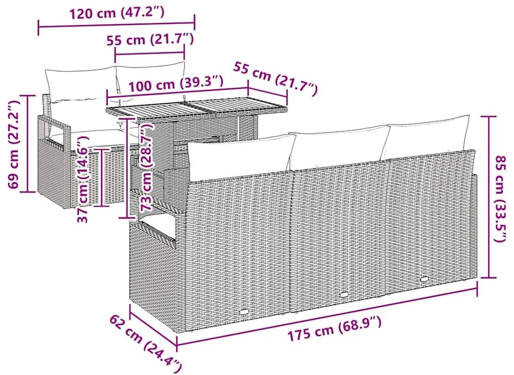 Conjunto de Sofá de Jardim de 6 Peças com Almofadas Bege em Rattan Sin