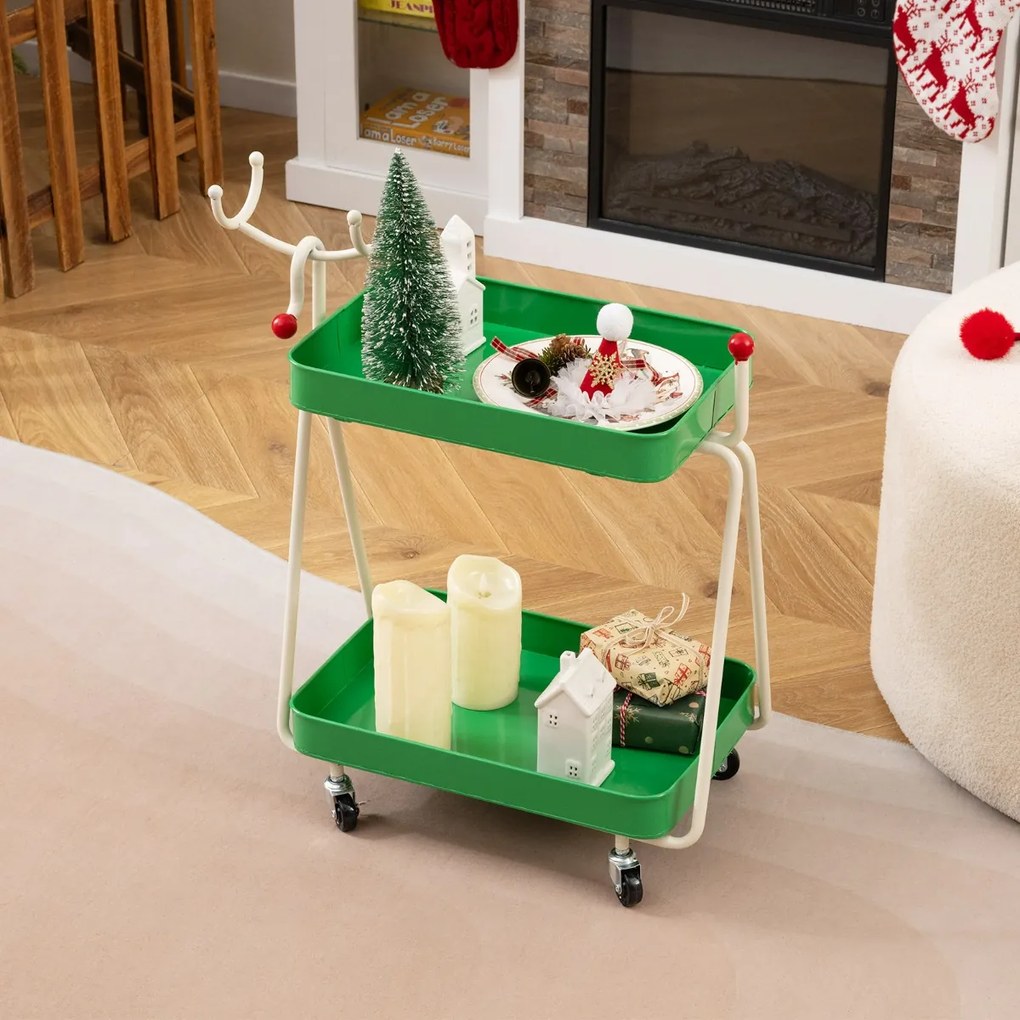 Mesa Auxiliar com desenho Rena de Natal 55,5 x 28,5 x 66,5 cm com 2 Níveis com Estrutura Metálica e Rodas Mesa de Natal para Espaços Pequenos Verde