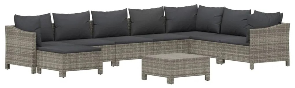 9 pcs conjunto lounge de jardim c/ almofadões vime PE cinzento
