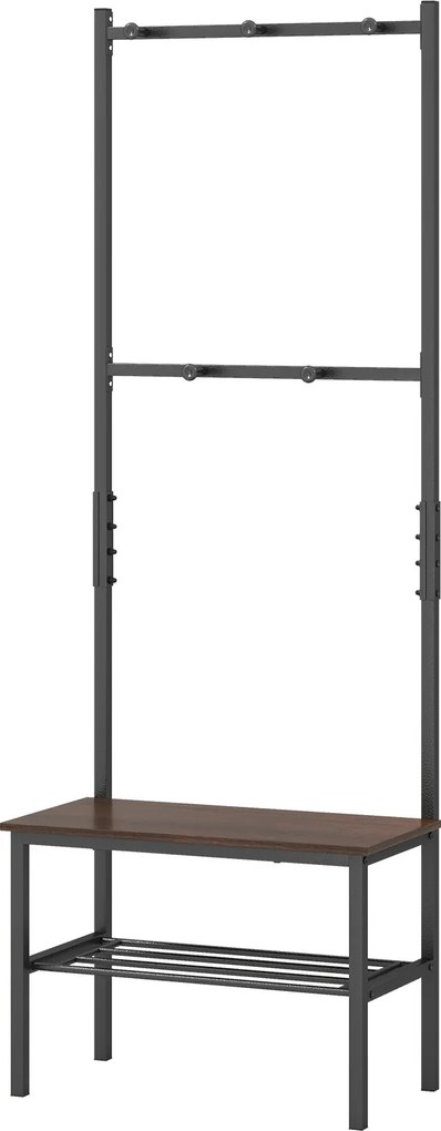 Cabideiro de Entrada com Banco e Sapateira, 60 x 30 x 166 cm, 5 Ganchos, Castanho+Preto