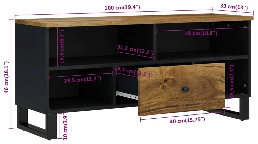 Móvel de TV 100x33x46 cm mangueira maciça/derivados madeira