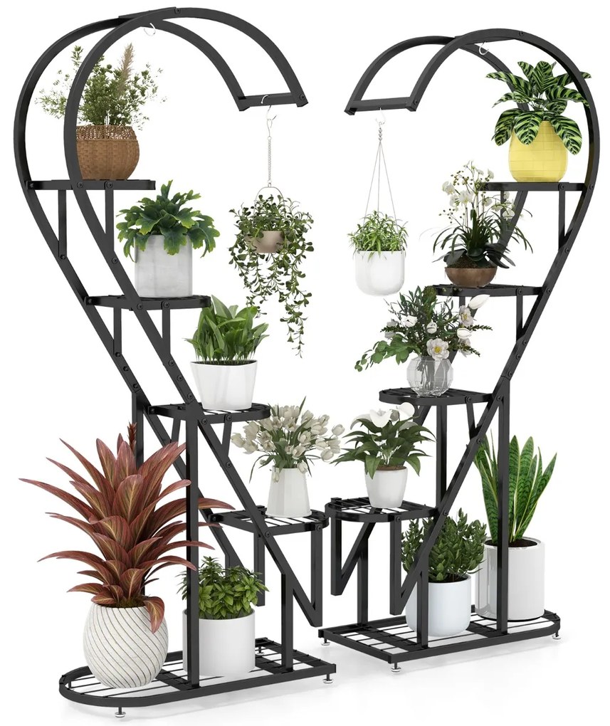 Conjunto de 2 suportes metálicos de 5 níveis para plantas com escada em forma de coração e gancho para pendurar 71 x 30,5 x 148 cm Pretos