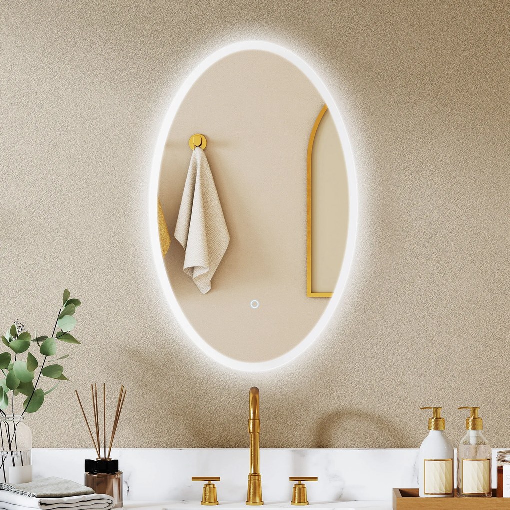 Espelho de casa de banho com iluminação, 80 x 50 cm, espelho LED oval, antiembaciamento, 3 cores de luz, intensidade regulável, transparente
