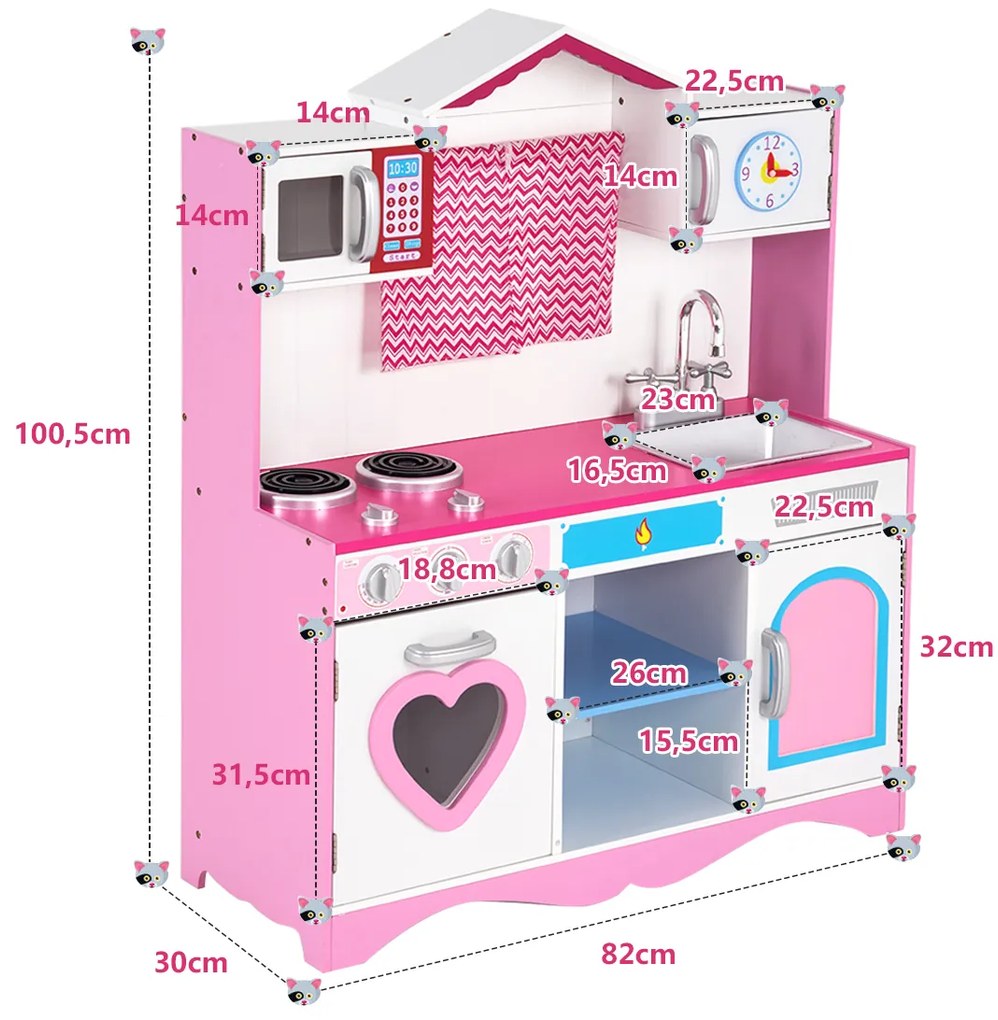 Cozinha de brincar de madeira para crianças com lava-loiça e torneira com forno micro-ondas e fogão Som realista Rosa + Branco