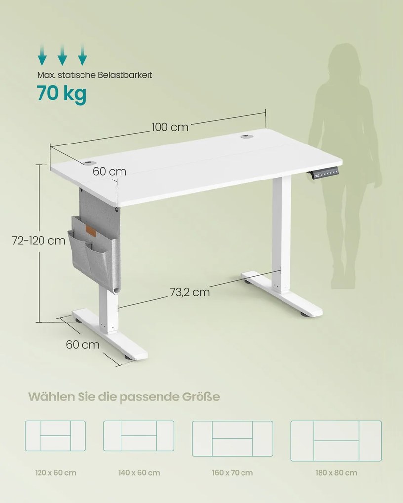 Secretária elétrica 100 x 60 x (72-120) cm com altura ajustável eletricamente, branca