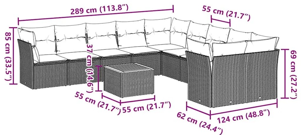 11 pcs conjunto sofás de jardim c/ almofadões vime PE cinzento