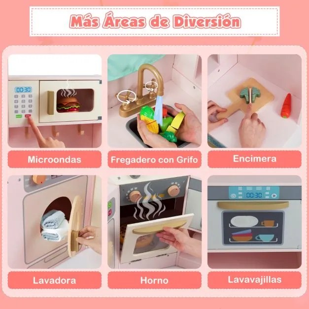 Cozinha de brincar de canto com luzes e sons. Inclui lava-loiça, fogão, micro-ondas, forno, máquina de lavar e acessórios para crianças com mais de 3