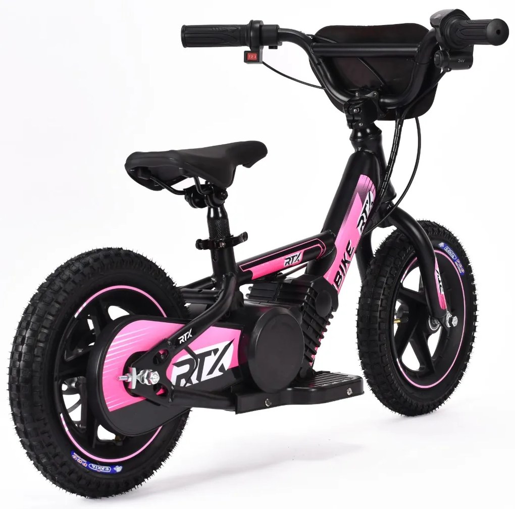 Bicicleta eléctrica para crianças RIRIBIKE RTX3 24V (12"), bateria de lítio, motor de 100W, travão de disco, assento ajustável em PU macio Rosa
