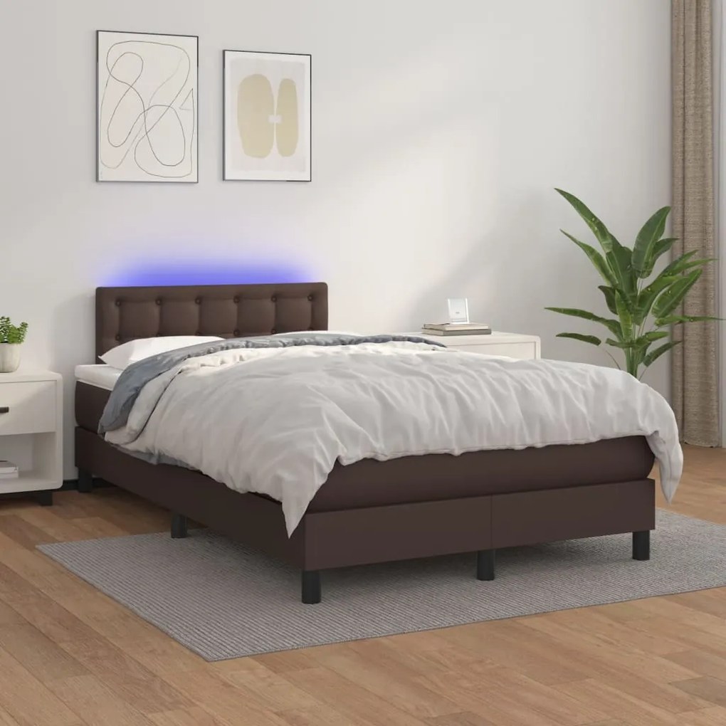 vidaXL Cama box spring c/ colchão/LED 120x200 cm couro artif. castanho