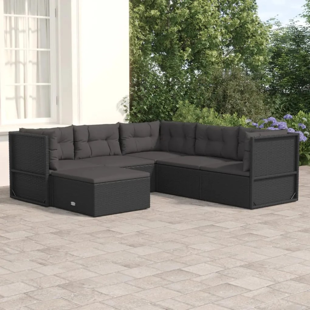 vidaXL 6 pcs conjunto lounge de jardim c/ almofadões vime PE preto