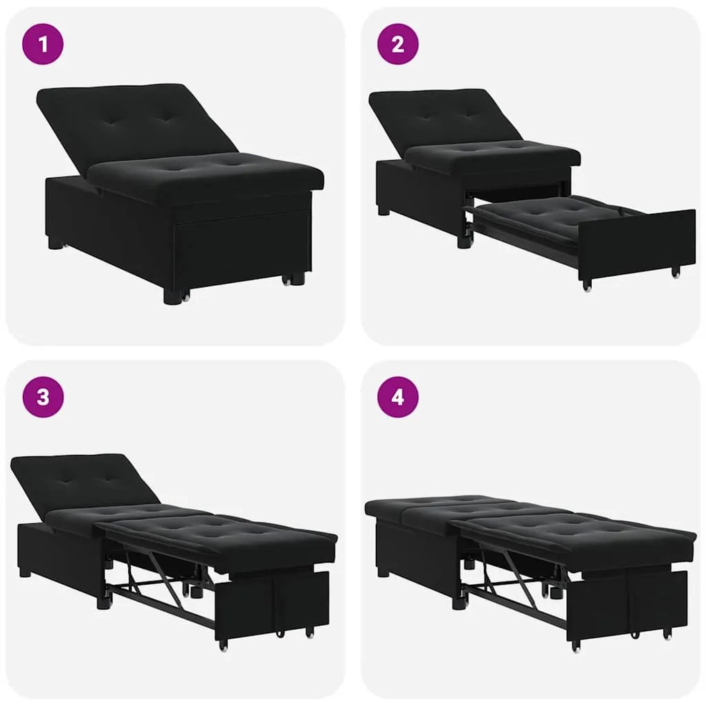 Sofá Cama 3 em 1 Retrátil Veludo Preto