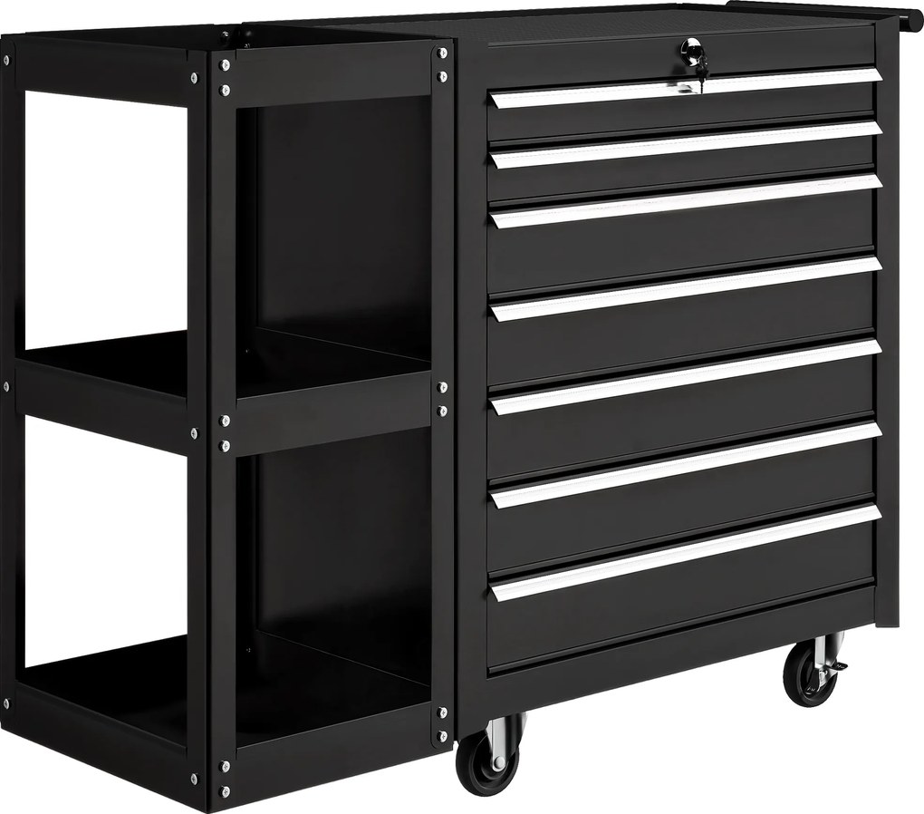 HOMCOM Carrinho de Ferramentas com 7 Gavetas Estante de 3 Níveis Removível Sistema de Fecho Central Asa 2 Rodas com Travão Preto | Aosom Portugal