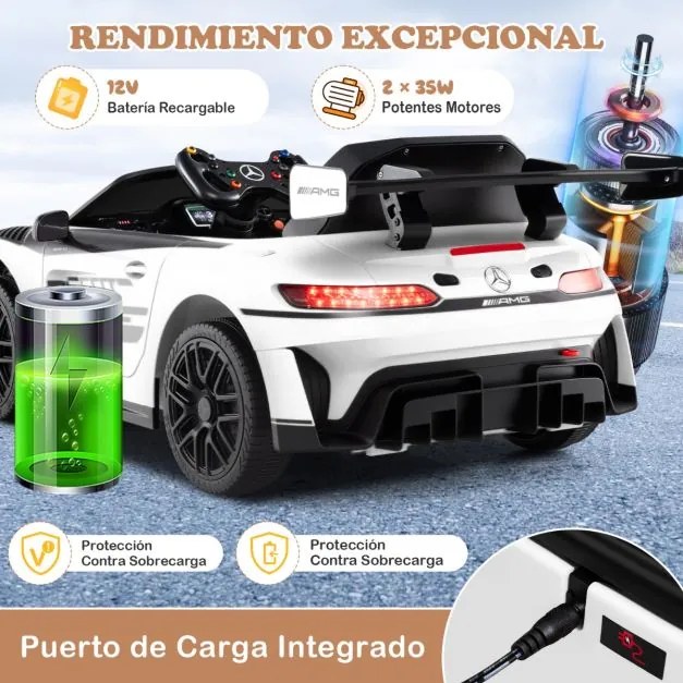 Carro elétrico para crianças 12V com controlo remoto, música, buzina, luzes LED, cinto de segurança ajustável, arranque lento, branco