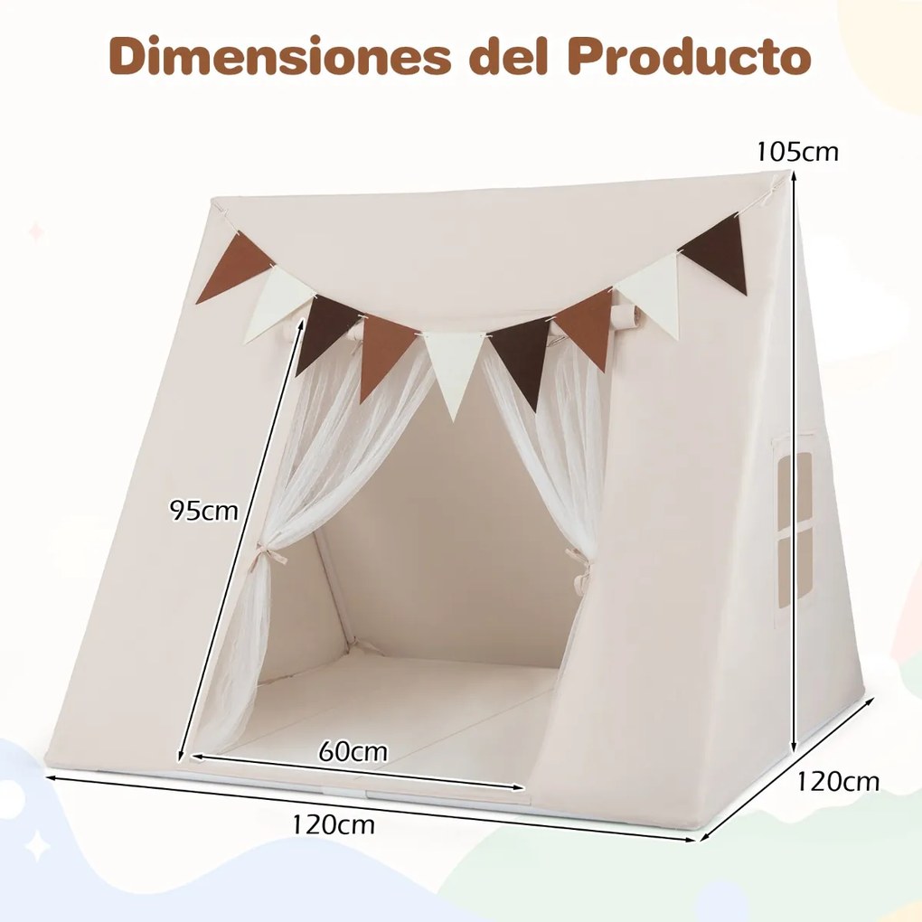 Tenda infantil 120x120x105cm com tapete lavável e bandeiras coloridas para canto de leitura para crianças a partir de 3 anos bege