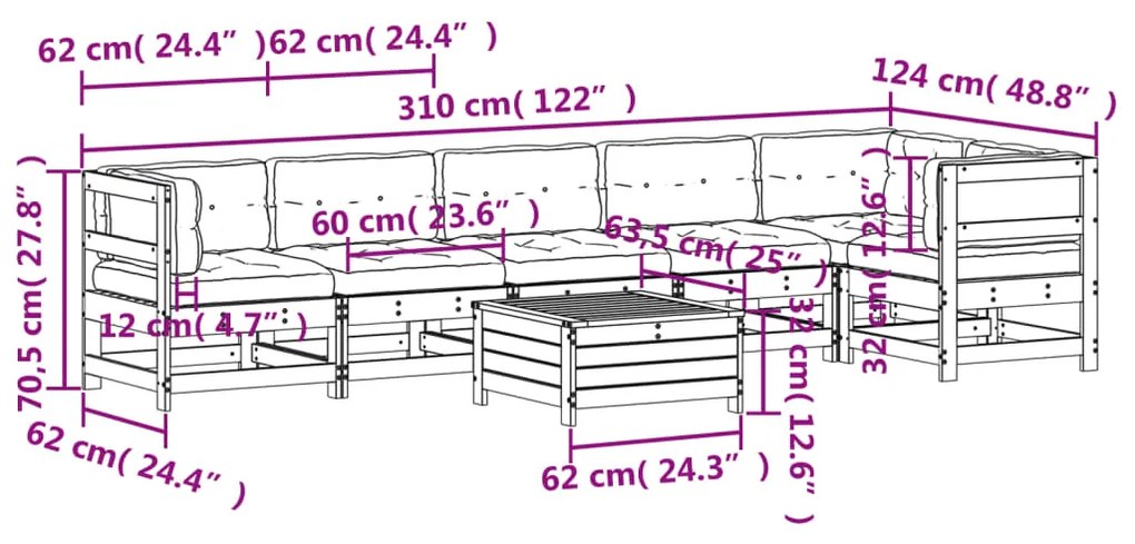 7 pcs conjunto lounge de jardim c/ almofadões pinho impregnado