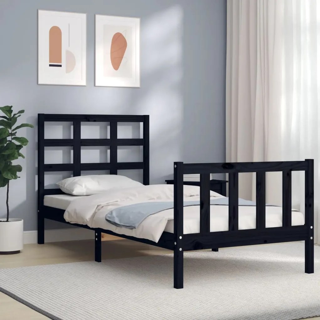 vidaXL Estrutura de cama com cabeceira 90x190 cm madeira maciça preto