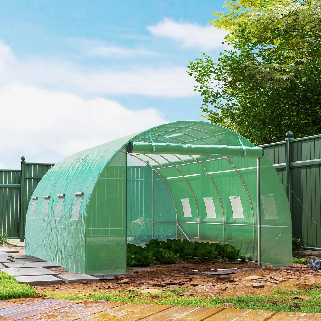 Estufa tipo túnel de jardim 3 x 4 x 2 m com porta enrolável e janelas amplas, em aço galvanizado e PE, verde