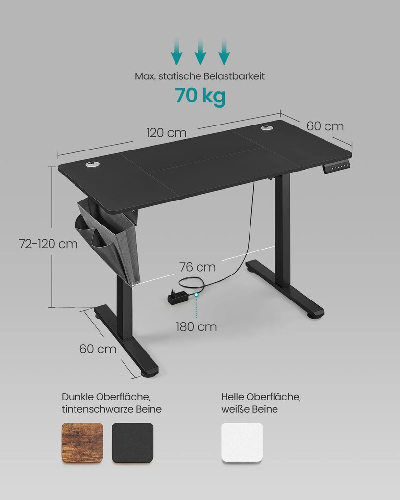 Secretária eléctrica regulável em altura 60 x 120 x (72-120) cm Preto