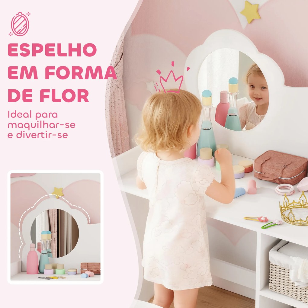 Toucador para Crianças com Banco e Espelho em Forma de Flor com Compartimentos Abertos 70x39x92,5 cm Branco