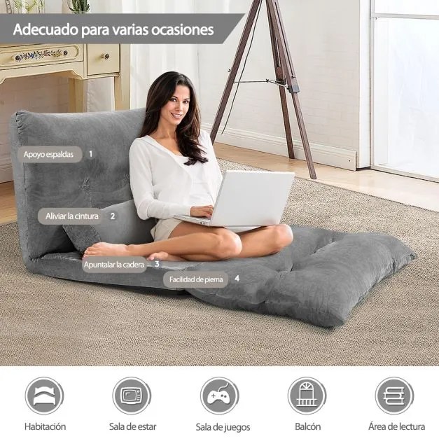 Sofá chão Sofá-cama multifuncional ajustável em 6 posições com 2 almofadas Forro em camurça para quarto, sala, varanda Cinzento