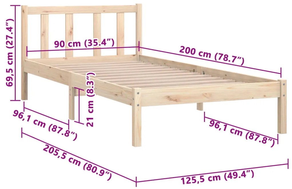 Estrutura de cama 90x200 cm pinho maciço