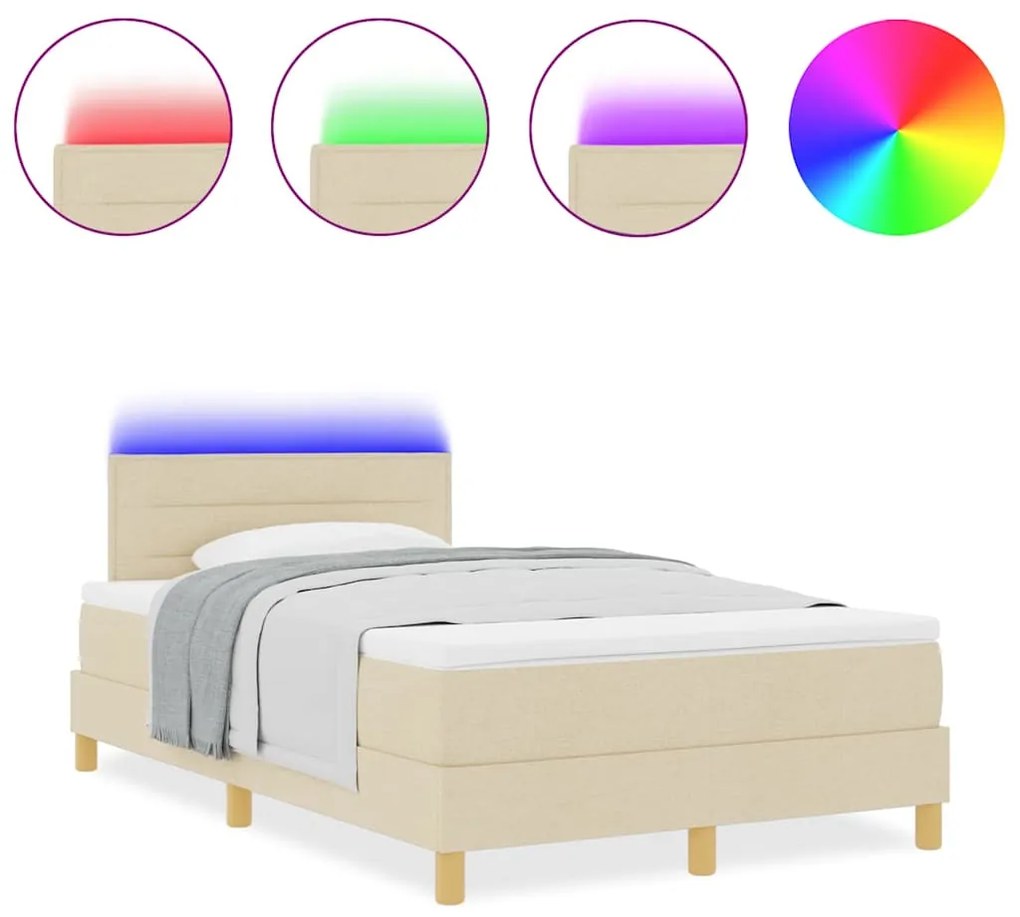 Cama Box Spring com Colchão &amp; LED Creme 120x200 cm Tecido