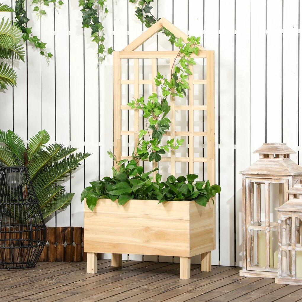 Floreira de Madeira com Treliça Floreira com Treliça Tecido não Tecido e 2 Orifícios de Drenagem para Cultivos de Verduras Plantas Flores 60x43x147 cm