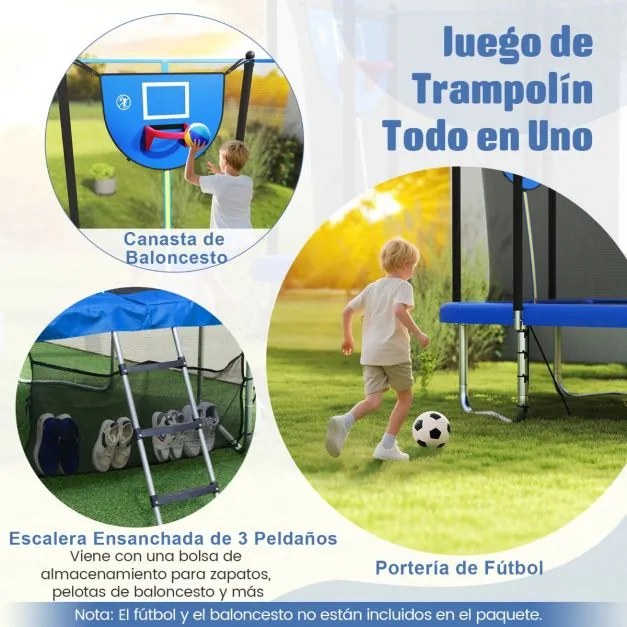 Trampolim retangular com aro de basquetebol, baliza de futebol, saco de armazenamento e escada 317 x 255 x 270 cm Azul