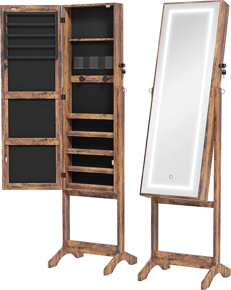 HOMCOM Joalheiro de Pé Armário para Jóias com Fita de Luz LED e Fechadura Magnética 46x36,5x151,5 cm Madeira | Aosom Portugal