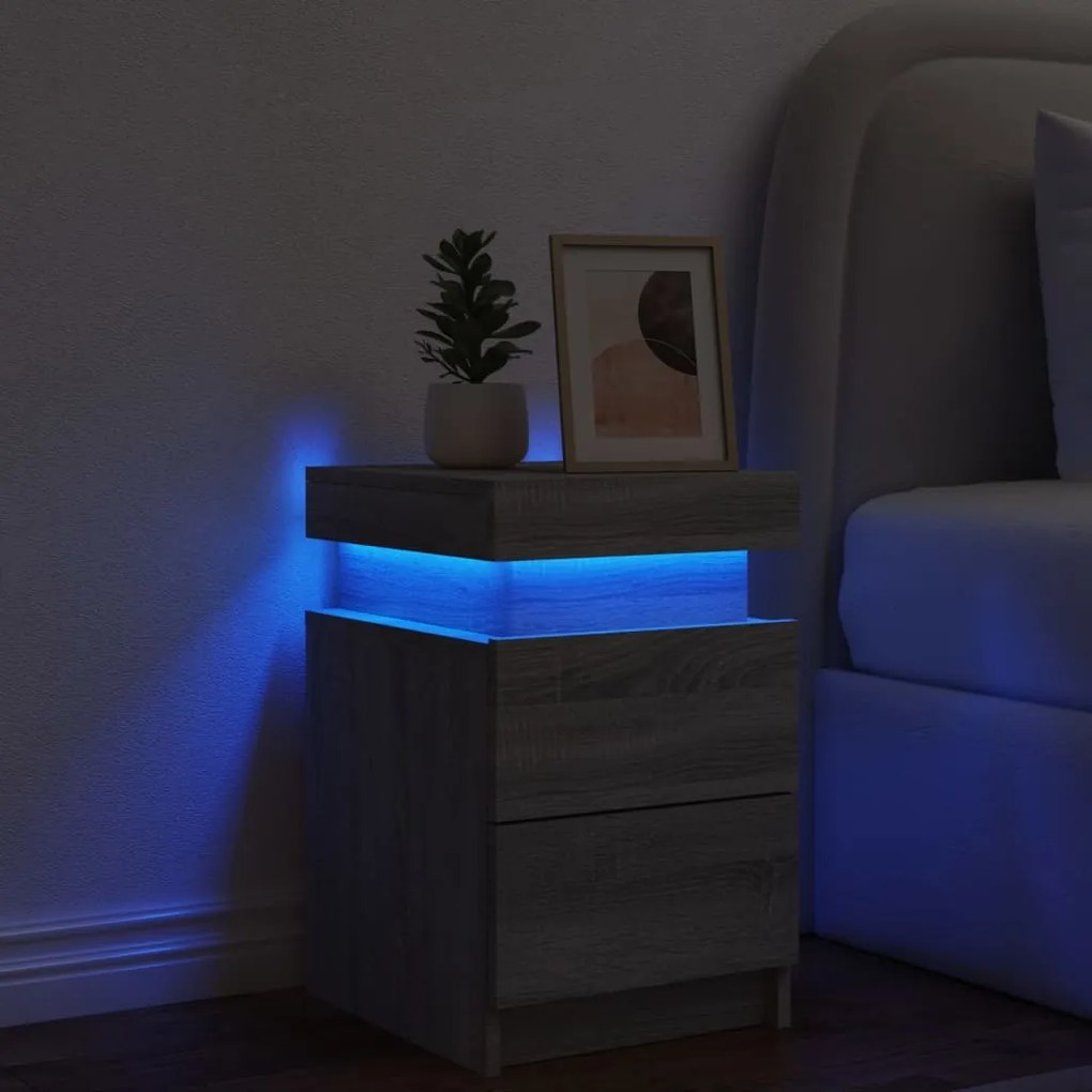 Mesa de cabeceira com luzes LED 35x39x55 cm cinzento-sonoma