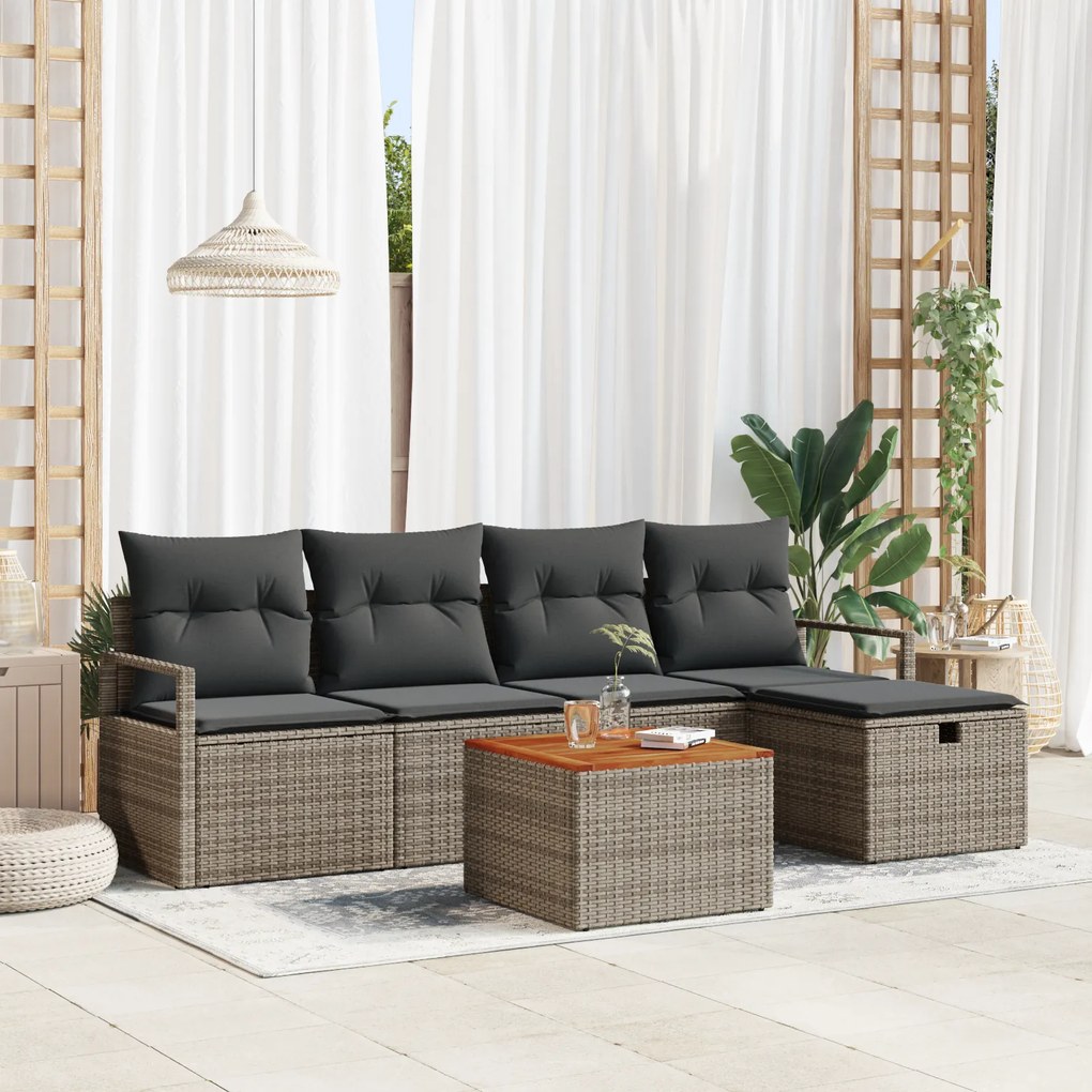 Conjunto de Sofá de Jardim vidaXL 6 Peças com Almofadas Cinza Rattan S