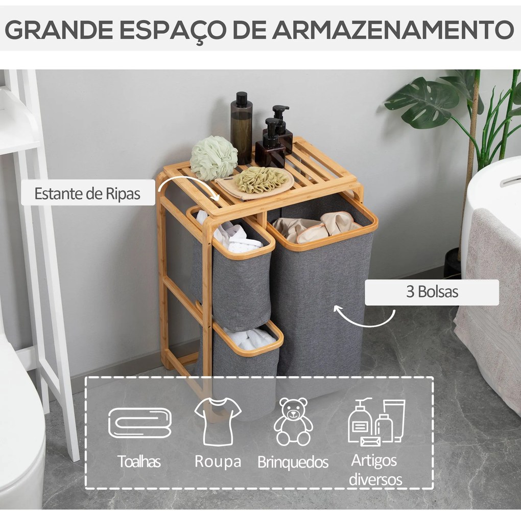 Cesto para Roupa Suja de Bambu Cesto de Roupa com 3 Bolsas de Tecido Amovíveis e Prateleira Aberta para Casa de Banho Dormitório 50x32x69,7cm Cinza e