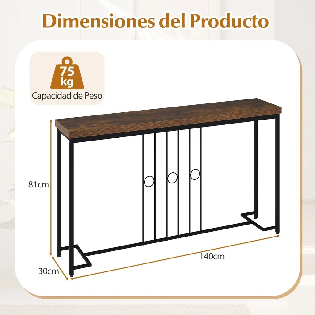 Mesa Consola 140 x 30 x 81 cm Industrial Base H e Tampo para Entrada, hall Castanho Rústico e Preto