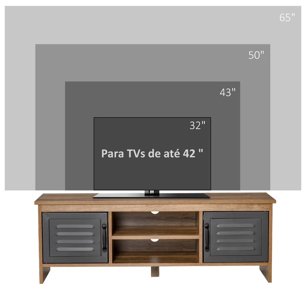 Armário de TV para televisores de 42 "com 2 compartimentos fechados com portas de metal e 2 estantes 109x35x38 cm Madeira natural e cinza