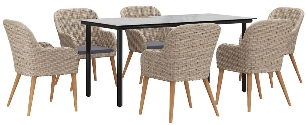 7 pcs conjunto de jantar para jardim com almofadões castanho