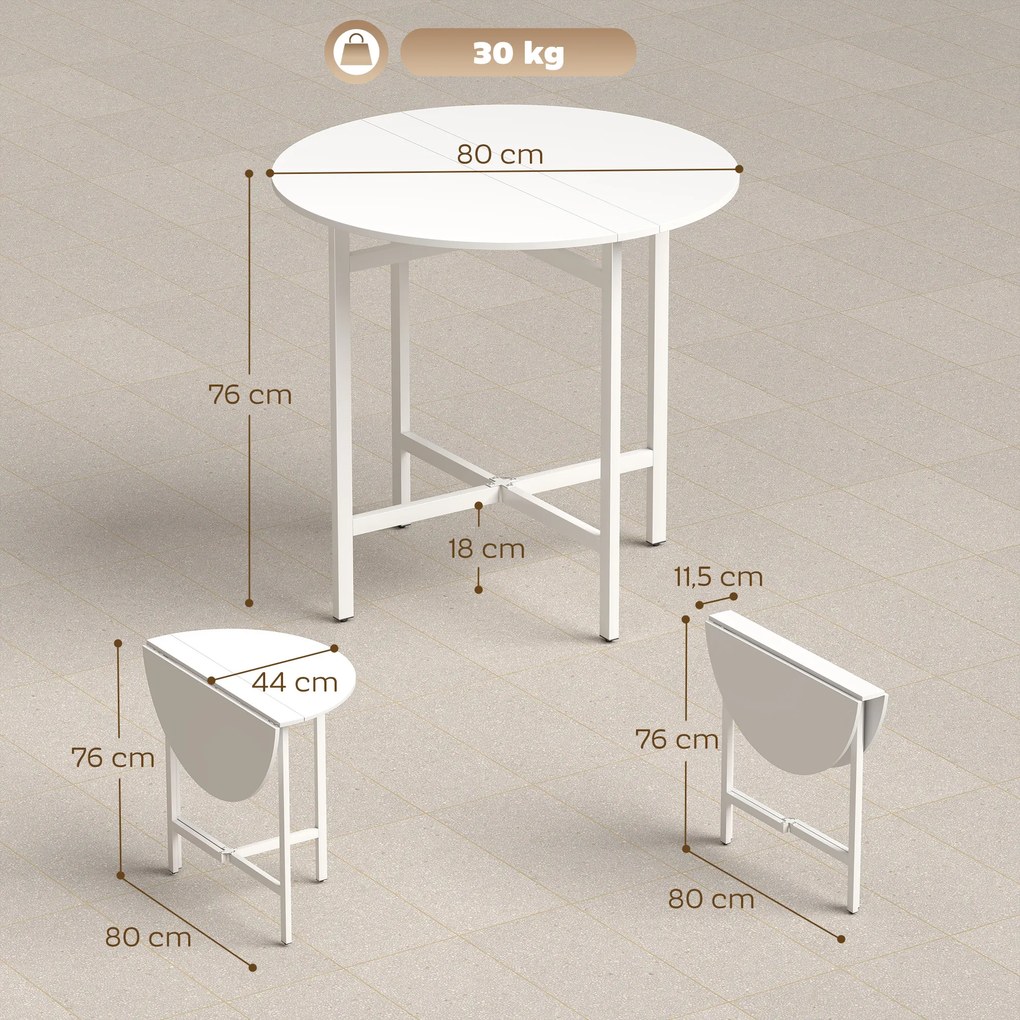 Mesa de Jantar Redonda Dobrável, 80 x 80 x 76 cm (CADEIRAS NÃO INCLUIDAS), Com 2 Abas, Branca