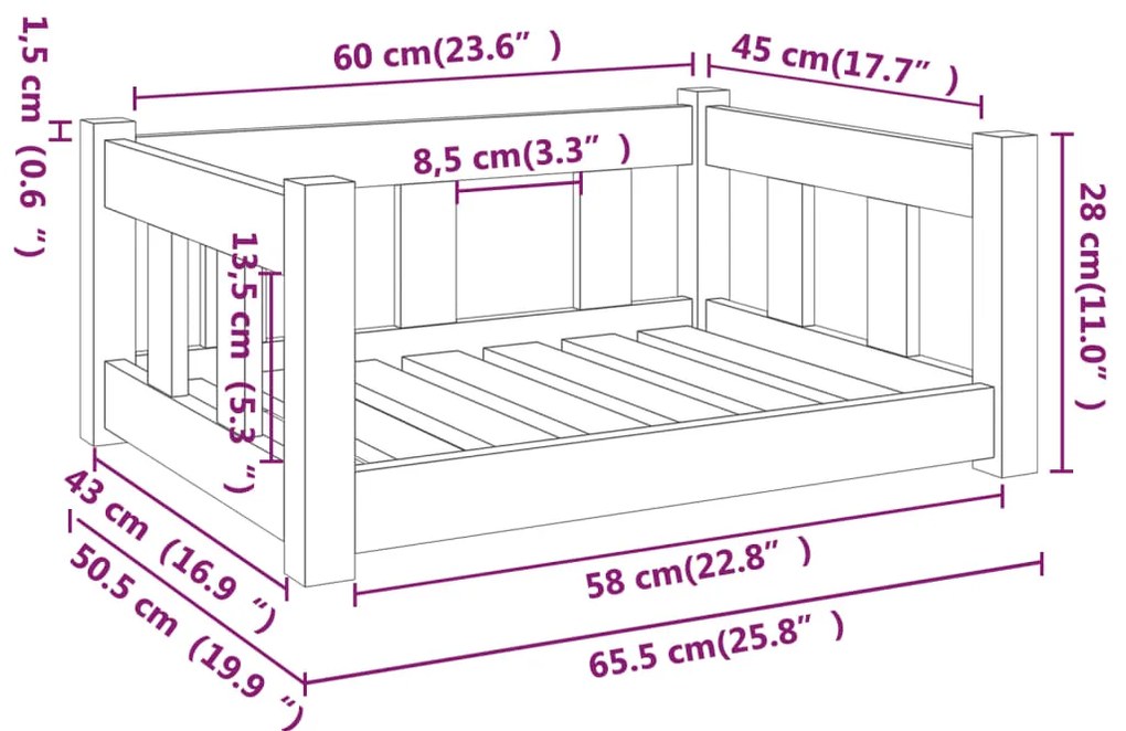 Cama para cães 65,5x50,5x28 cm madeira de pinho maciça