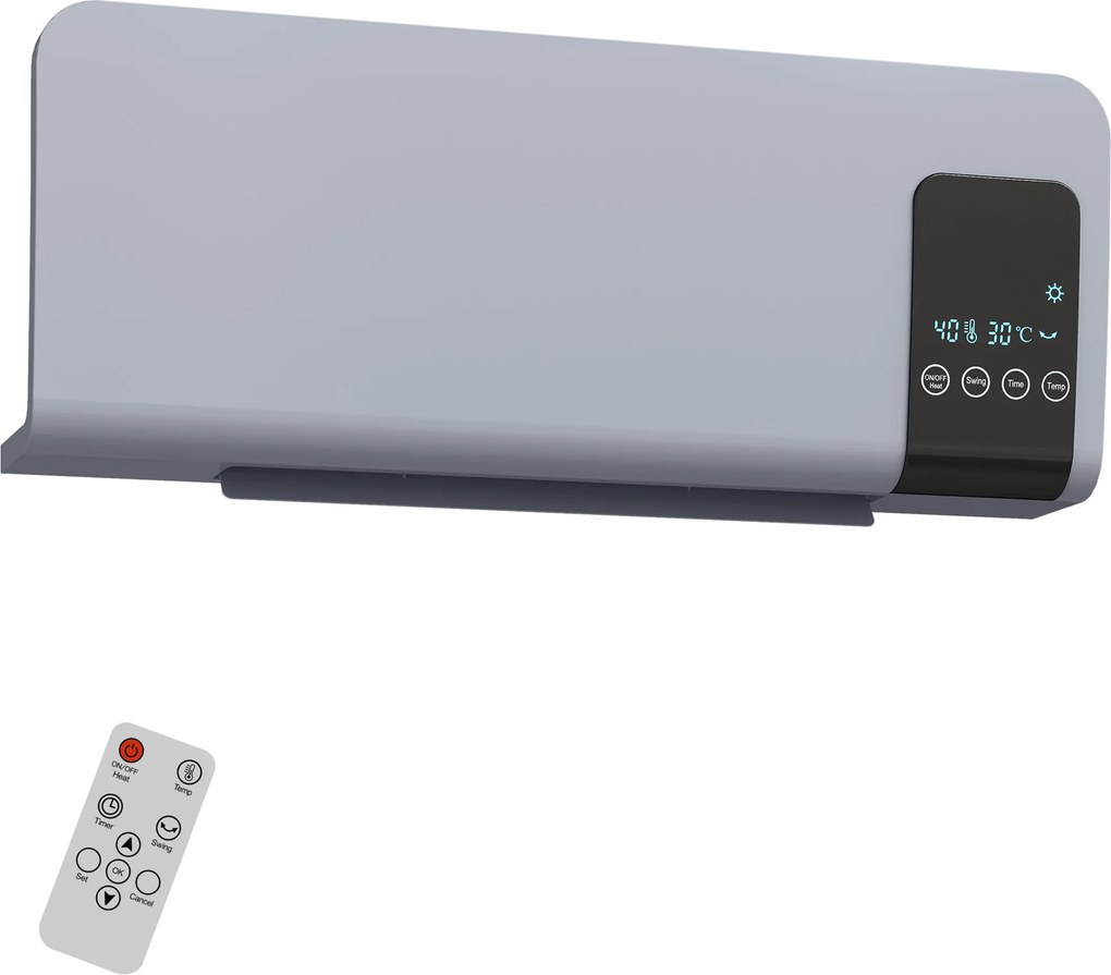 Aquecedor Elétrico de Parede 1000W/2000W com Ecrã LED Controlo Remoto Termostato Temporizador para Áreas de 15-20 m² 54,5x12x21,5 cm Cinzento