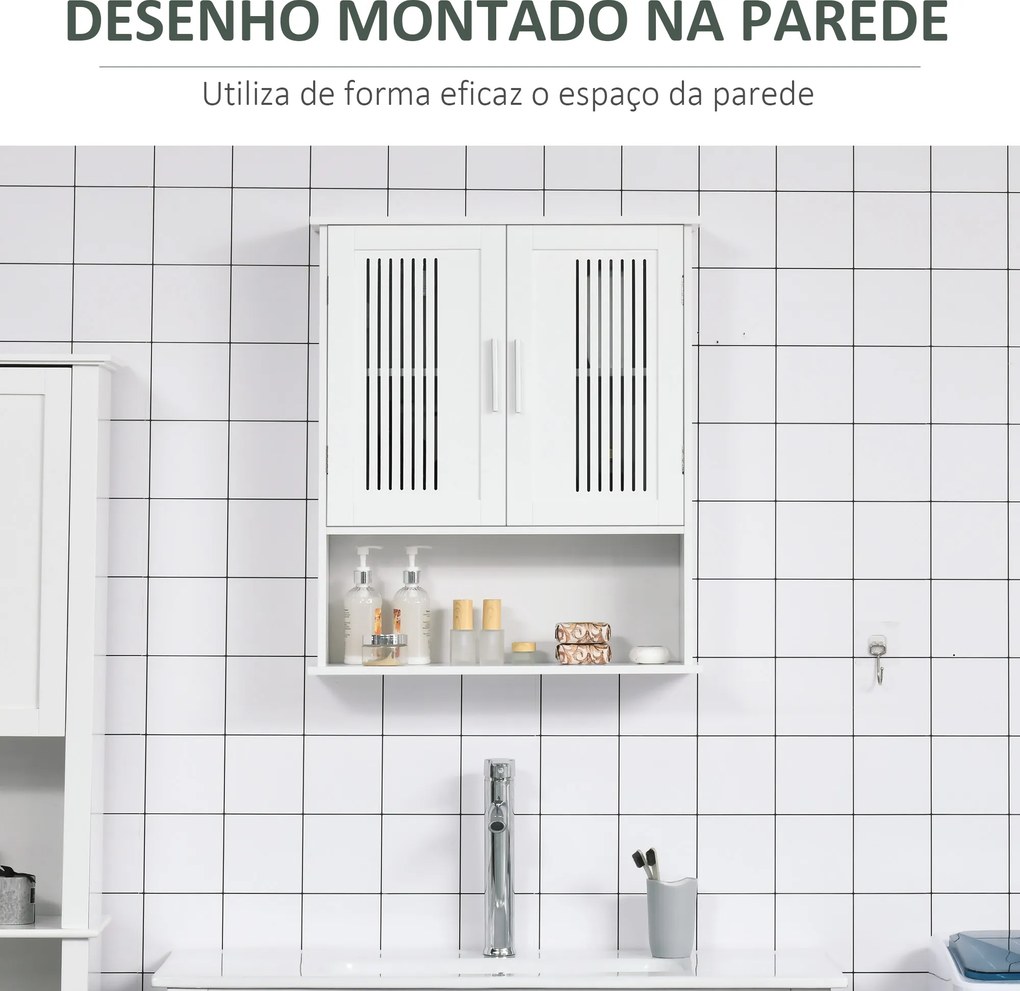 Armário de Parede Casa de Banho com Armazenamento 2 Portas em Ripas Prateleira Ajustável e Compartimento 60x20x70 cm Branco