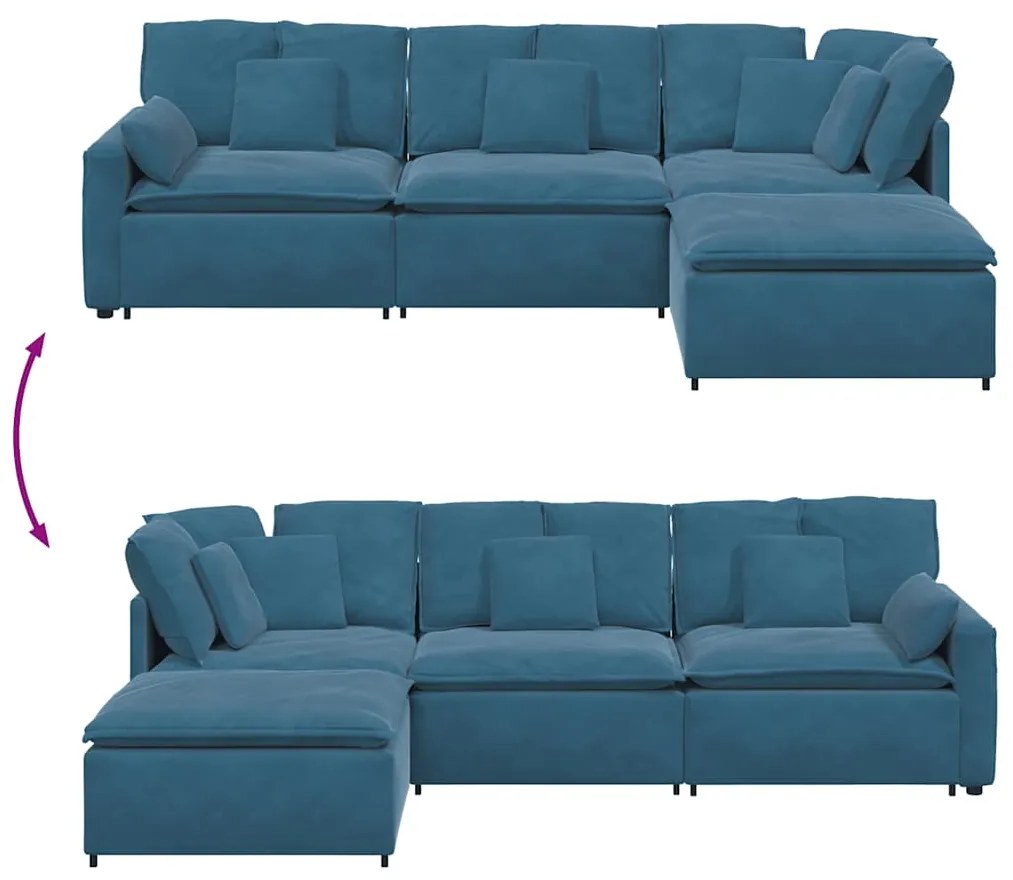 Sofá modular com pufes e almofadas veludo azul