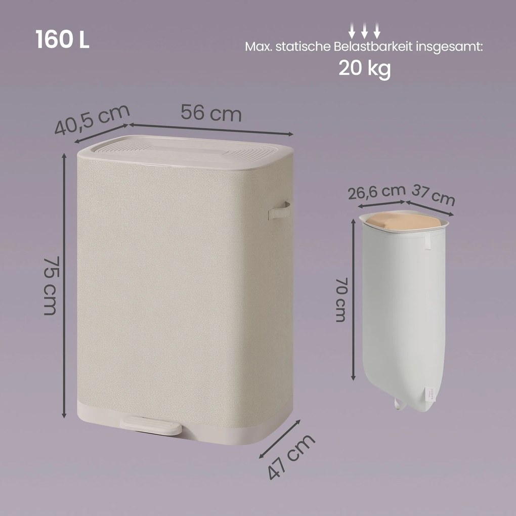 Cesto da roupa suja 160 L  com tampa e 2 compartimentos 56 x 40,5 x 75 cm bege claro
